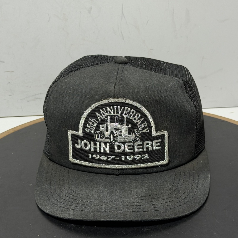 VTG John Deere Hat Cap Snap Back Black Trucker Mens 25th Anniversary 90s